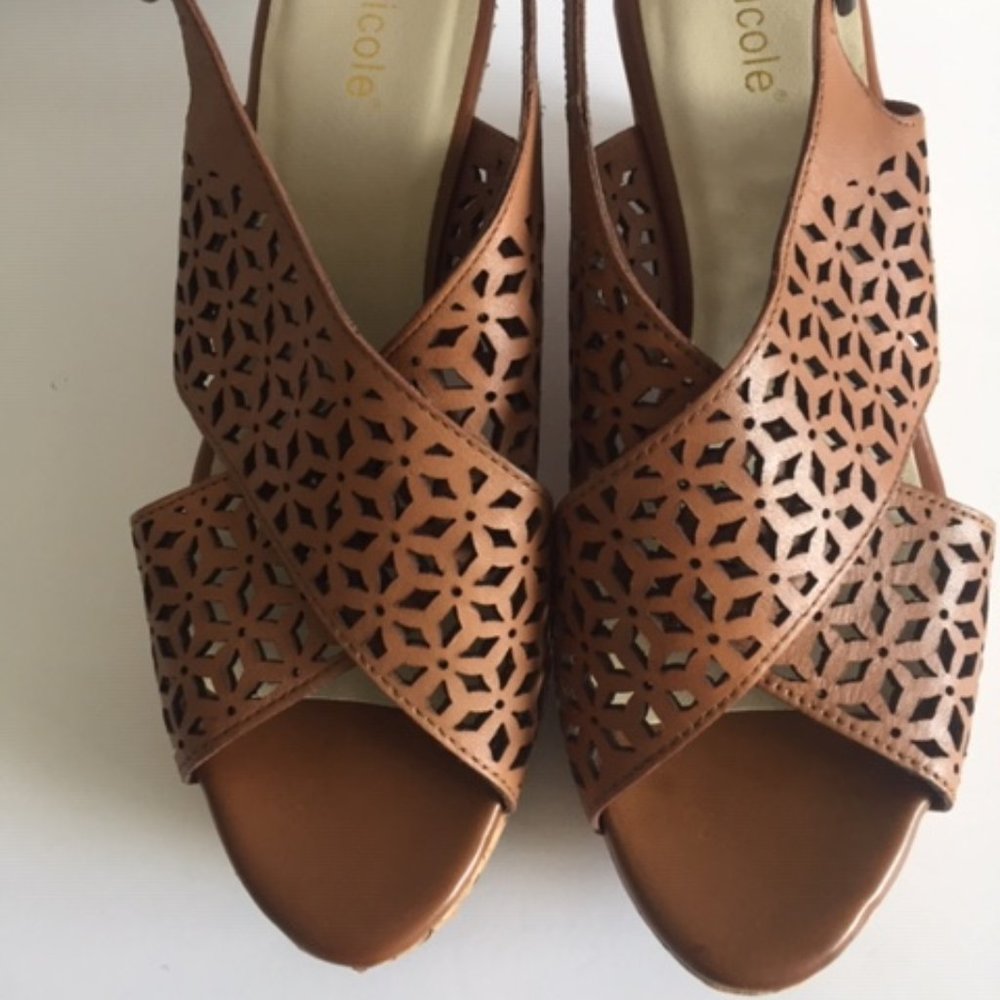Tan Nicole Sandles Leather Cork Heel